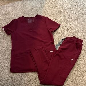 Figs Burgundy Medical Scrub Set - V-Neck Top & Drawstring Pants